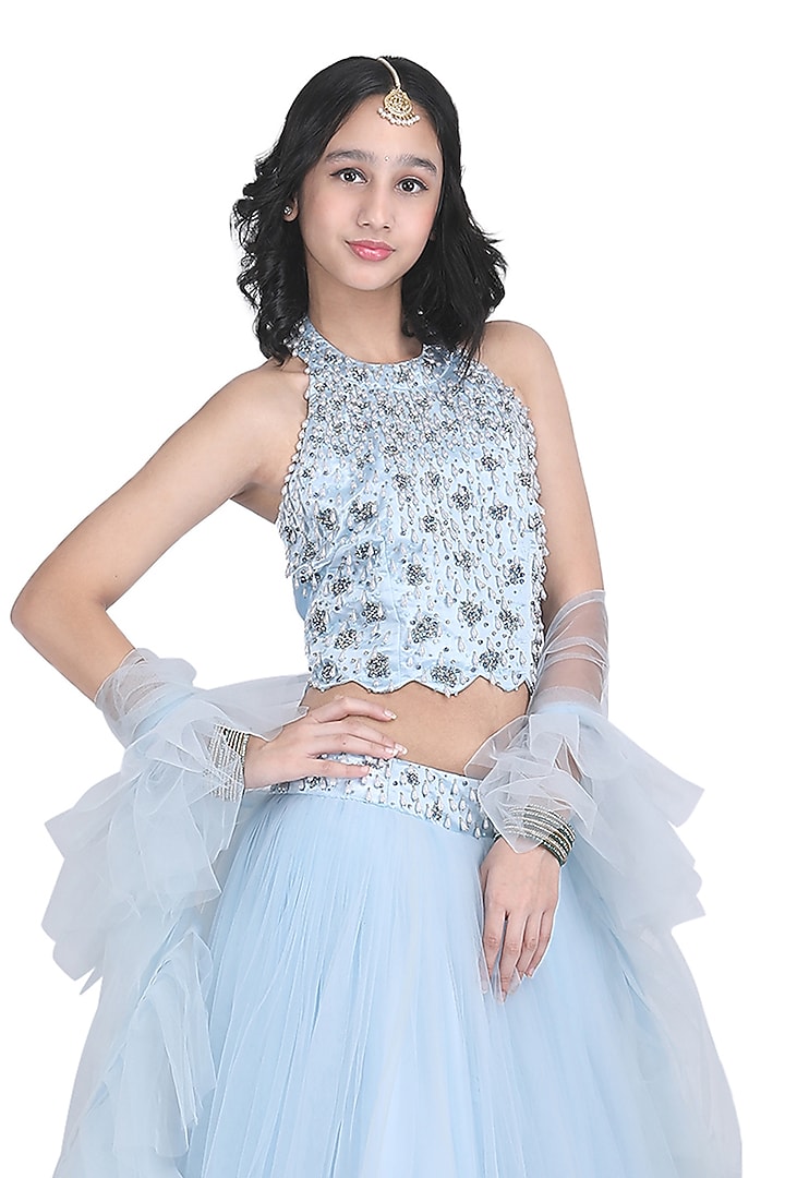 Ice Blue Net Lehenga Set For Girls by Pooja Wang at Pernia's Pop Up Shop