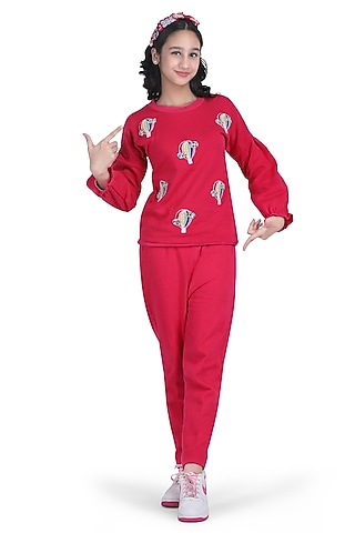 Hot Pink Fleece Embroidered Co-Ord Set For Girls by Pooja Wang