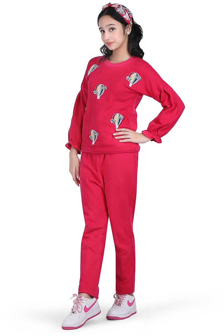 Hot Pink Fleece Embroidered Co-Ord Set For Girls by Pooja Wang at Pernia's Pop Up Shop