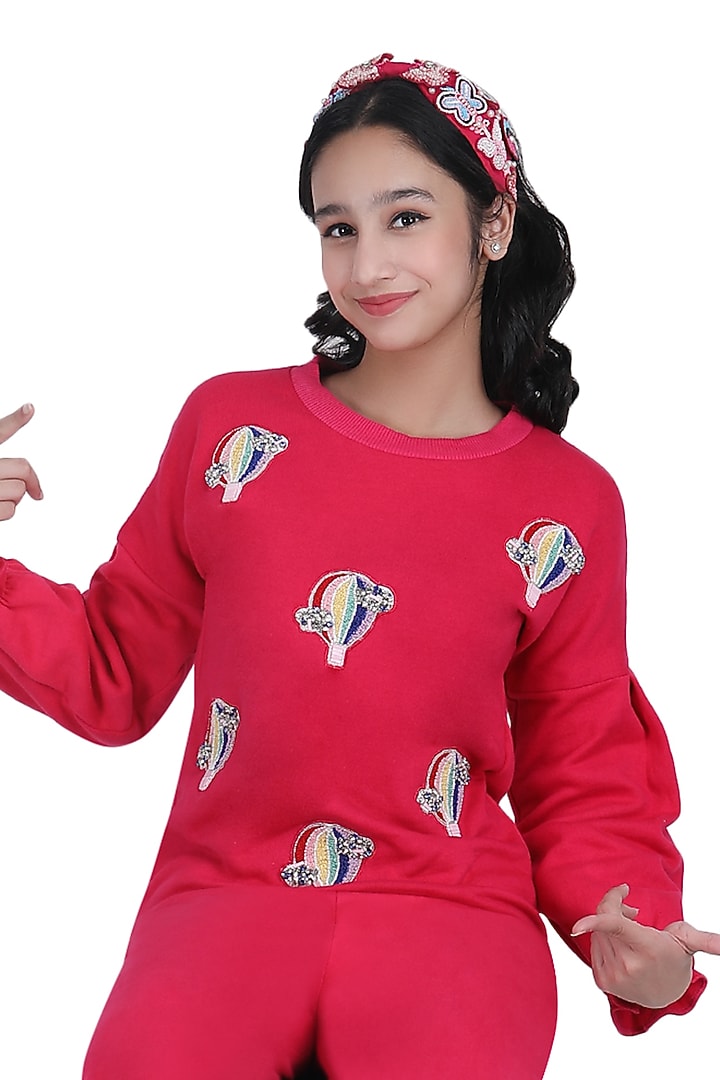 Hot Pink Fleece Embroidered Co-Ord Set For Girls by Pooja Wang at Pernia's Pop Up Shop