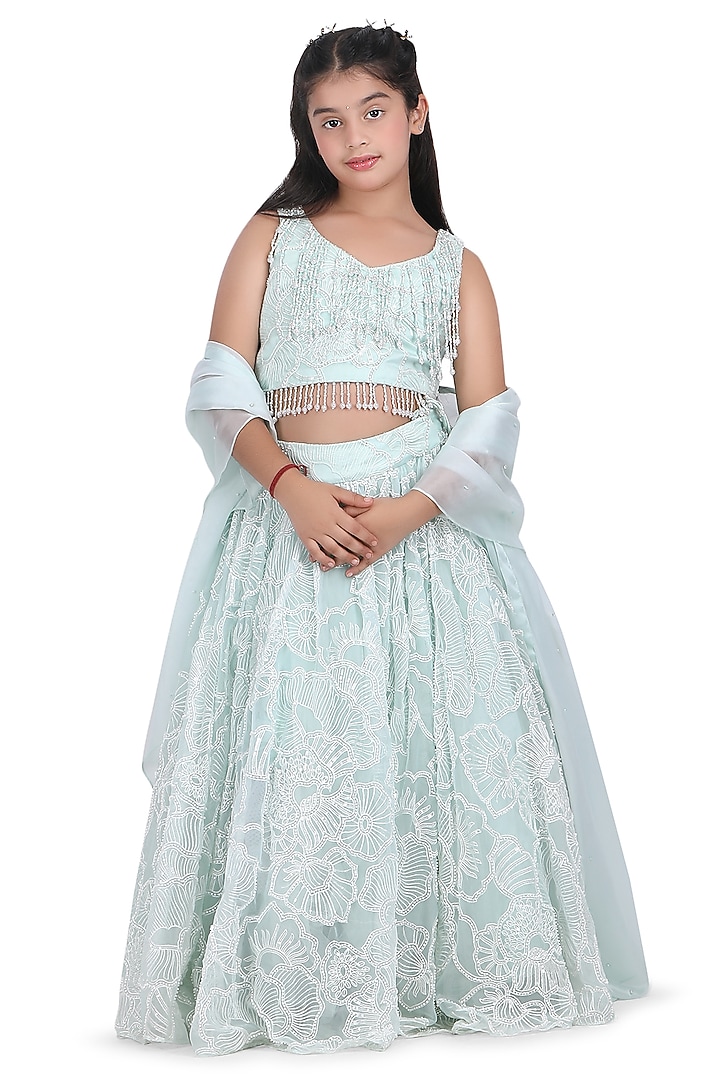 Mint Georgette Embroidered Lehenga Set For Girls by Pooja Wang at Pernia's Pop Up Shop
