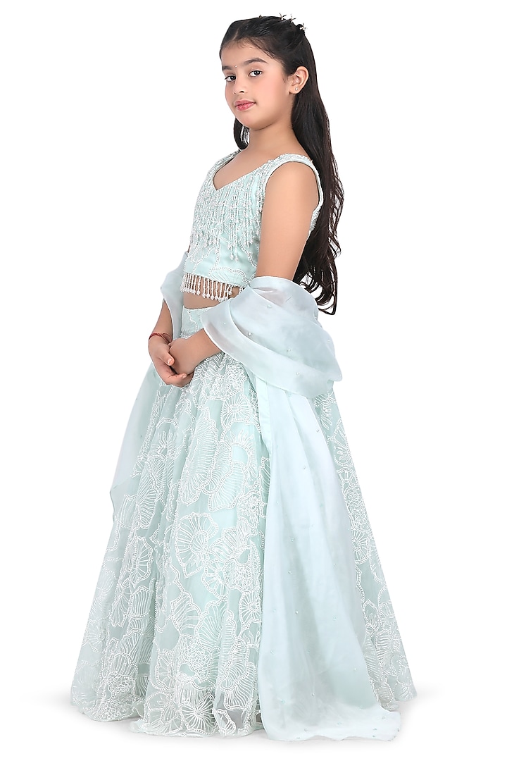 Mint Georgette Embroidered Lehenga Set For Girls by Pooja Wang at Pernia's Pop Up Shop