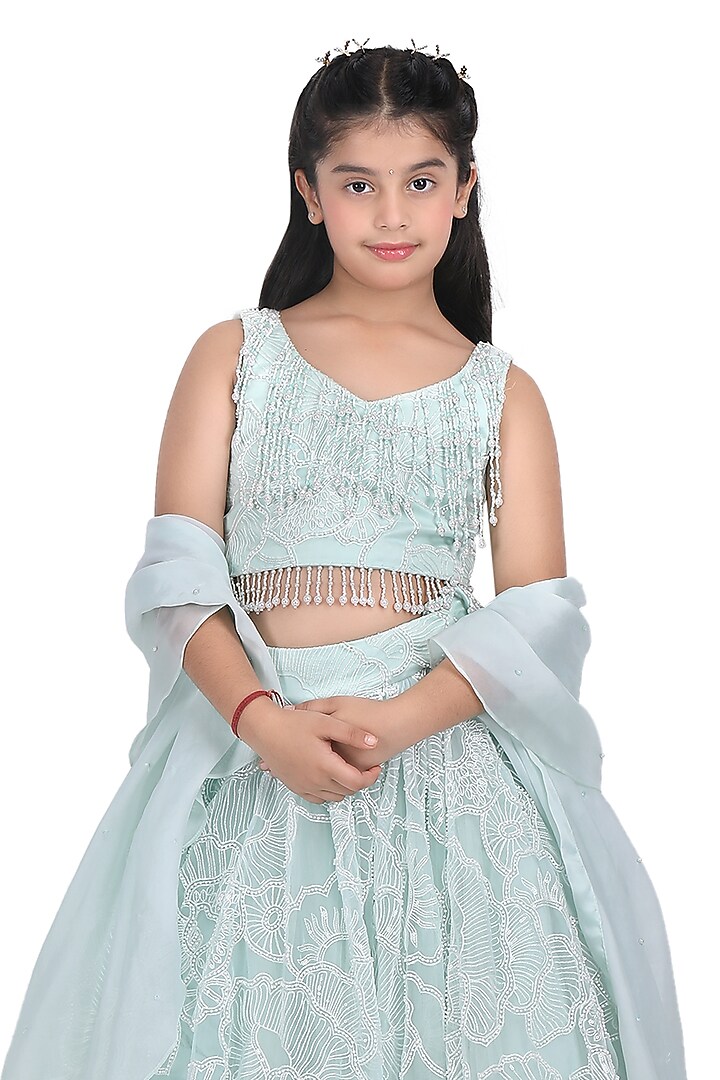 Mint Georgette Embroidered Lehenga Set For Girls by Pooja Wang at Pernia's Pop Up Shop