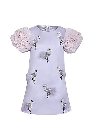 Lavender Dutch Satin Hand Embroidered Dress For Girls by Pooja Wang