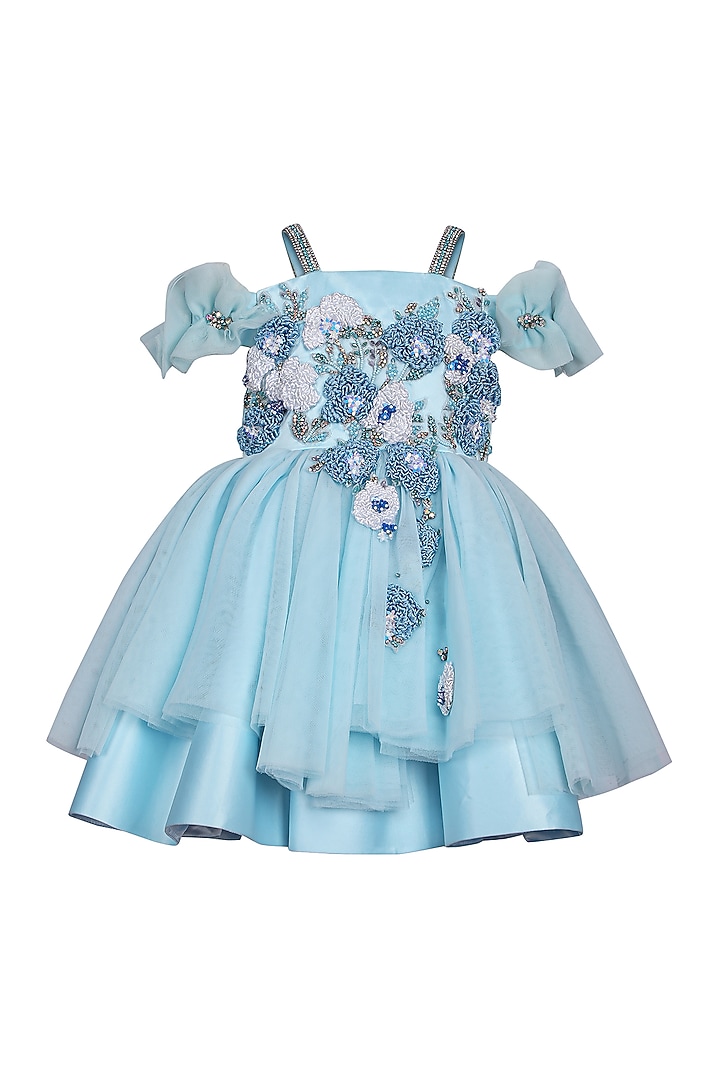 Ice Blue Net Embroidered Dress For Girls by Pooja Wang at Pernia's Pop Up Shop