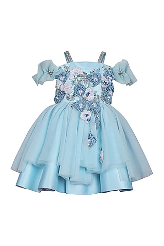 Ice Blue Net Embroidered Dress For Girls by Pooja Wang