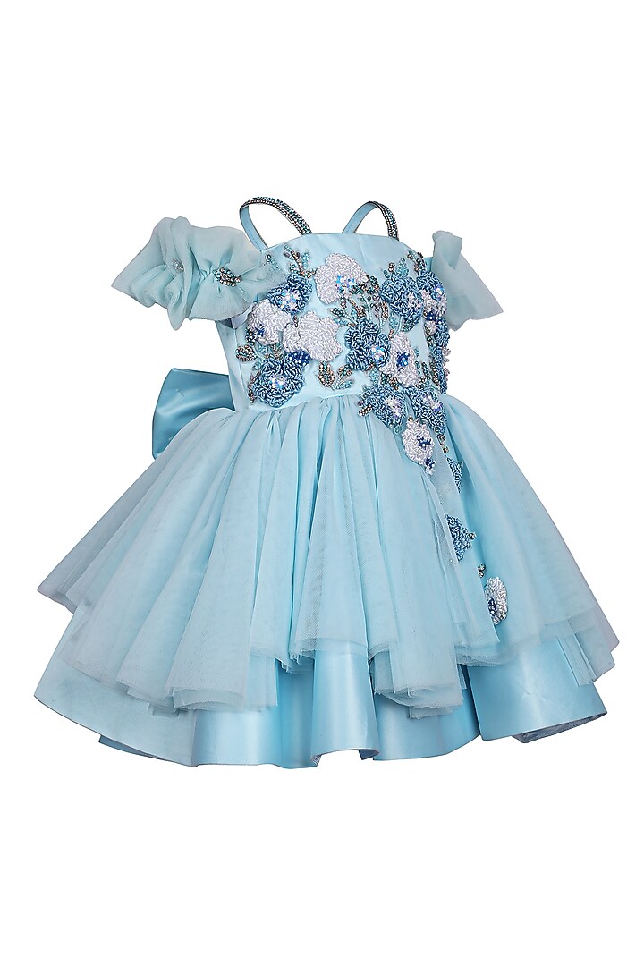 Ice Blue Net Embroidered Dress For Girls by Pooja Wang at Pernia's Pop Up Shop