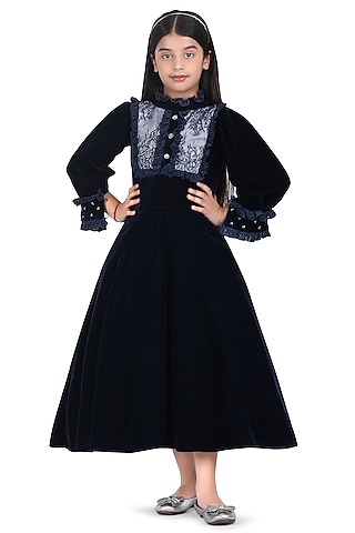 Royal Blue Velvet Embroidered Gown For Girls by Pooja Wang