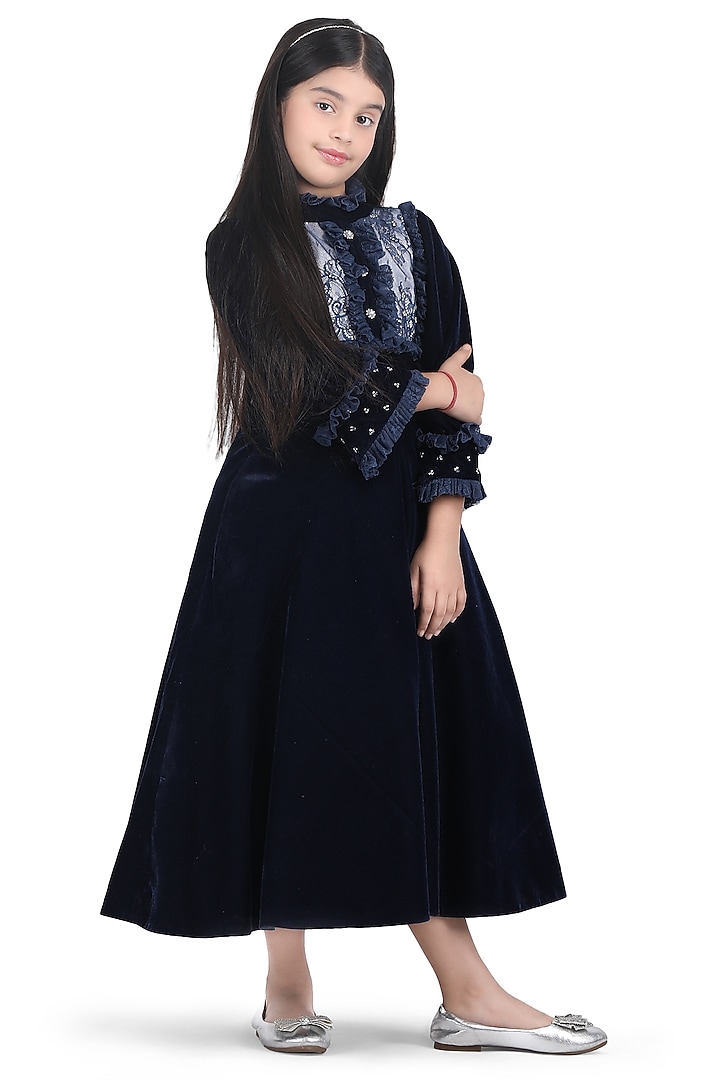 Royal Blue Velvet Embroidered Gown For Girls by Pooja Wang at Pernia's Pop Up Shop