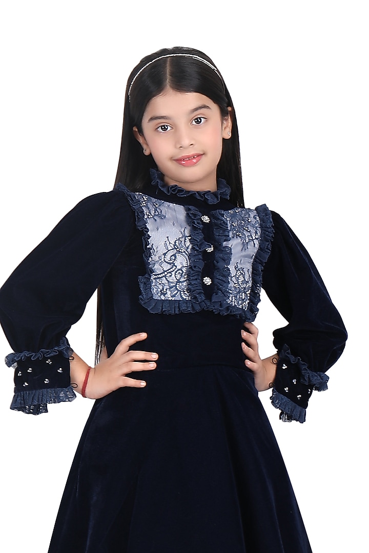 Royal Blue Velvet Embroidered Gown For Girls by Pooja Wang at Pernia's Pop Up Shop