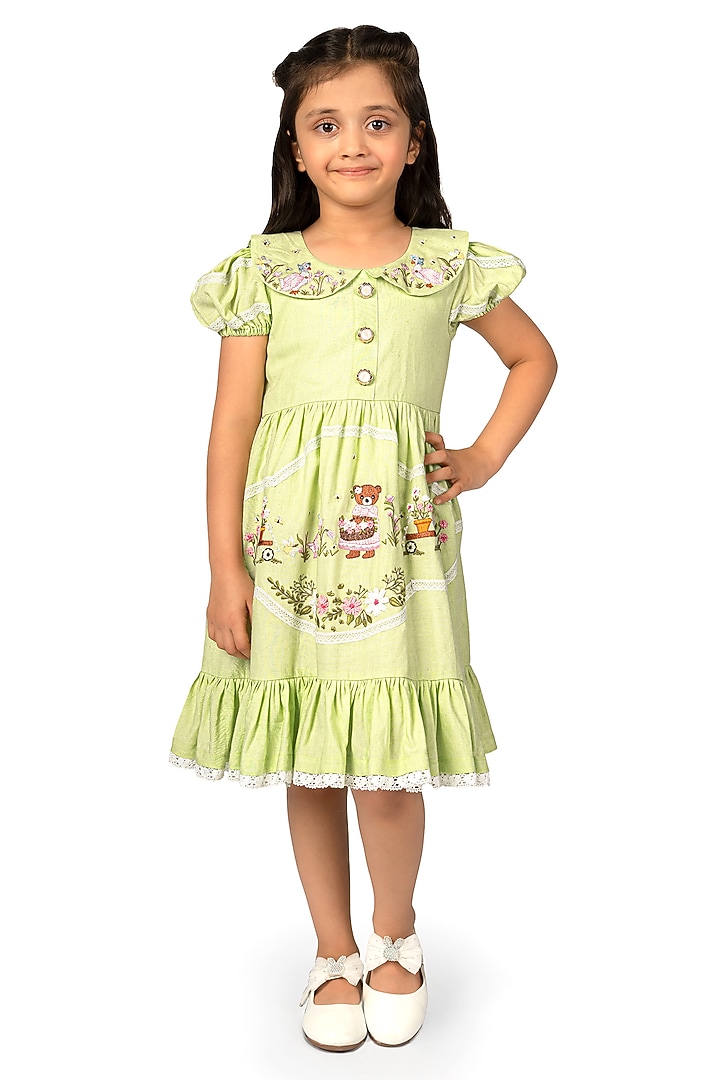 Mint Cotton Linen Embroidered Dress For Girls by Pooja Wang at Pernia's Pop Up Shop