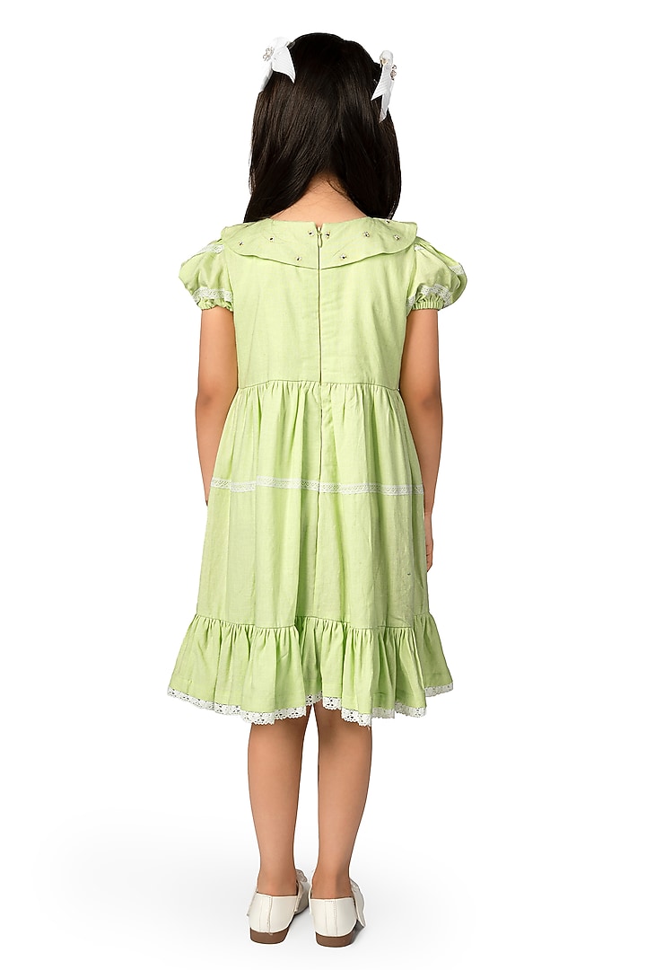 Mint Cotton Linen Embroidered Dress For Girls by Pooja Wang at Pernia's Pop Up Shop