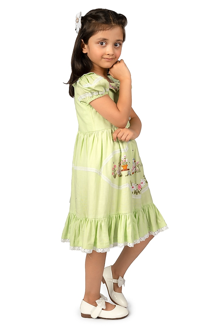 Mint Cotton Linen Embroidered Dress For Girls by Pooja Wang at Pernia's Pop Up Shop