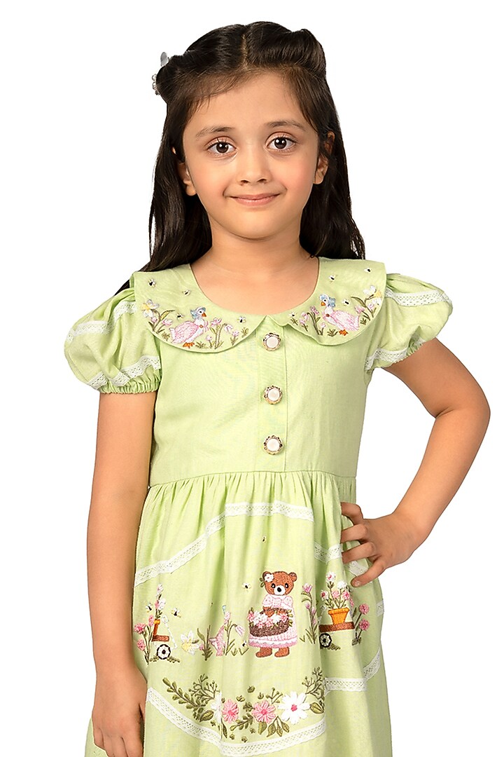 Mint Cotton Linen Embroidered Dress For Girls by Pooja Wang at Pernia's Pop Up Shop