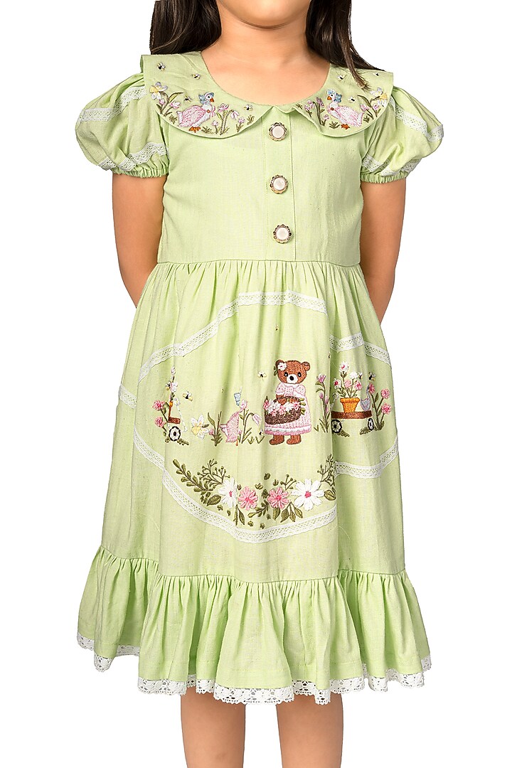 Mint Cotton Linen Embroidered Dress For Girls by Pooja Wang at Pernia's Pop Up Shop
