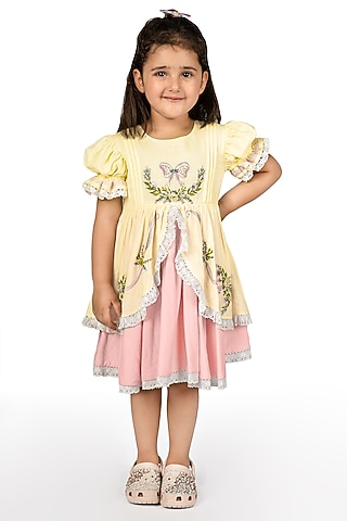 Lemon Cotton Linen Embroidered Dress For Girls by Pooja Wang