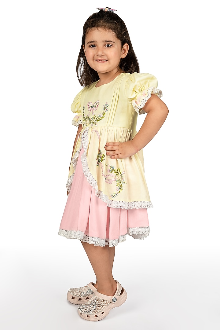 Lemon Cotton Linen Embroidered Dress For Girls by Pooja Wang at Pernia's Pop Up Shop
