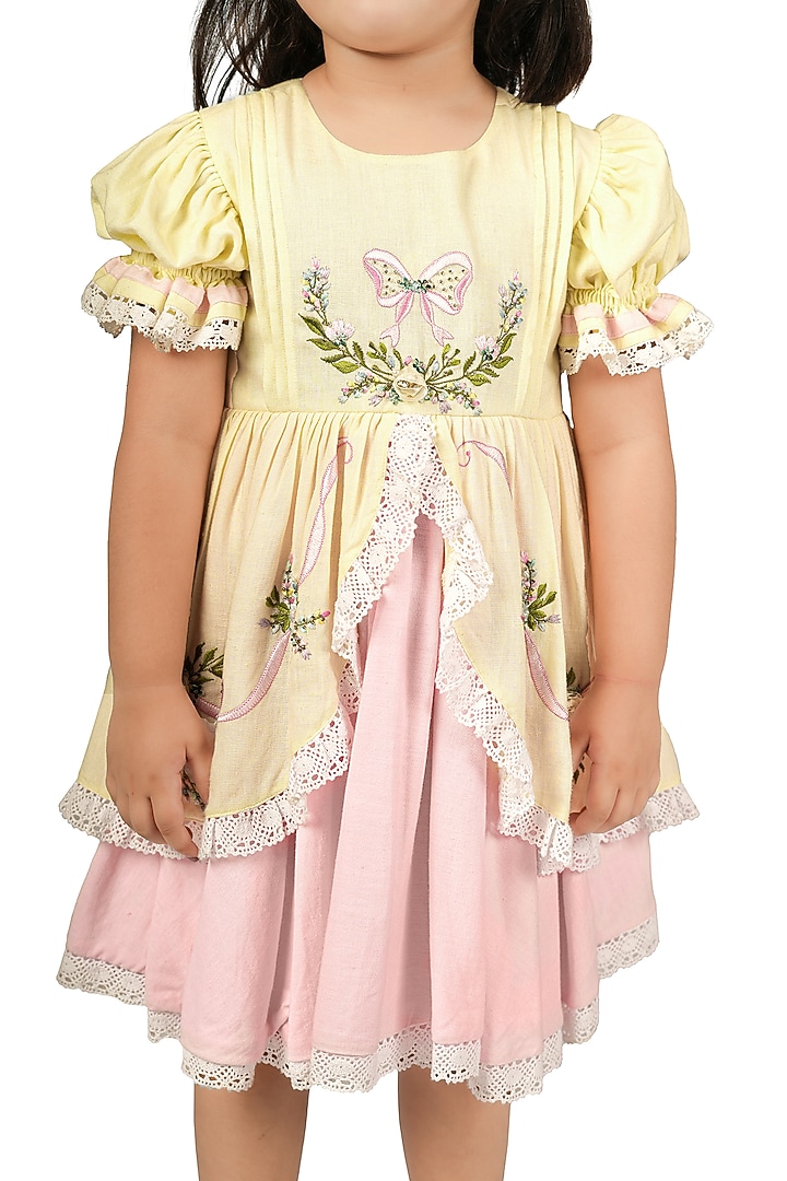 Lemon Cotton Linen Embroidered Dress For Girls by Pooja Wang at Pernia's Pop Up Shop