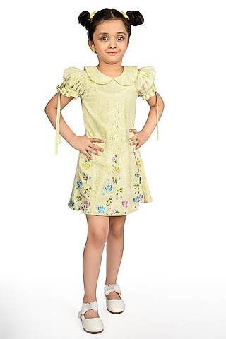 Lemon Lace Embroidered Dress For Girls by Pooja Wang