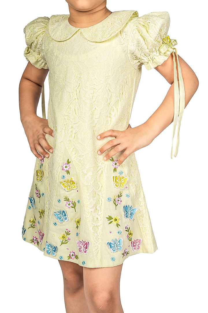 Lemon Lace Embroidered Dress For Girls by Pooja Wang at Pernia's Pop Up Shop