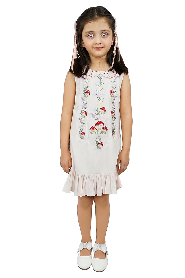 Light Peach Cotton Linen Embroidered Dress For Girls by Pooja Wang at Pernia's Pop Up Shop