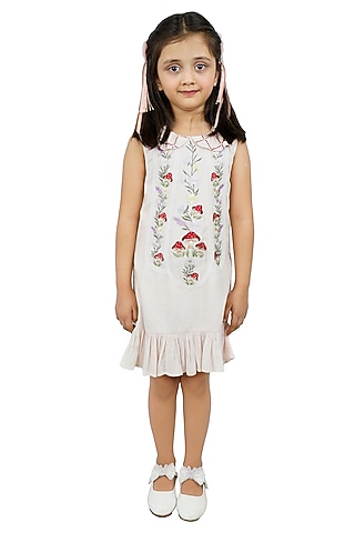 Light Peach Cotton Linen Embroidered Dress For Girls by Pooja Wang