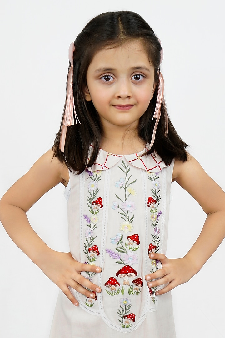 Light Peach Cotton Linen Embroidered Dress For Girls by Pooja Wang at Pernia's Pop Up Shop