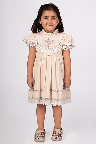 Beige Cotton Linen Embroidered Dress For Girls by Pooja Wang