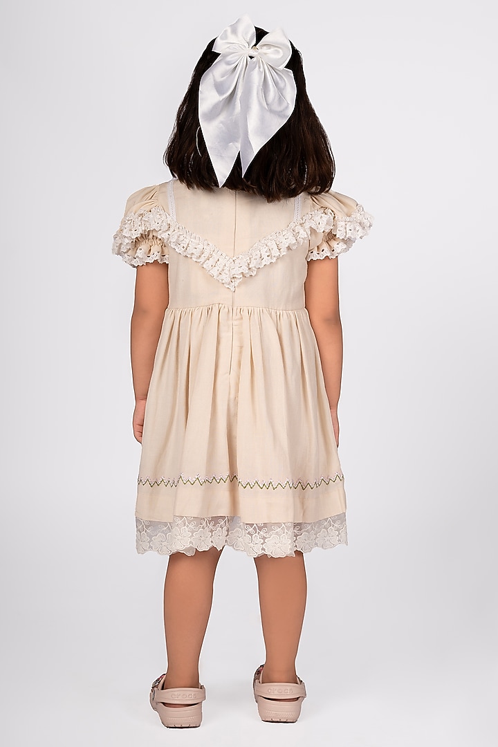 Beige Cotton Linen Embroidered Dress For Girls by Pooja Wang at Pernia's Pop Up Shop