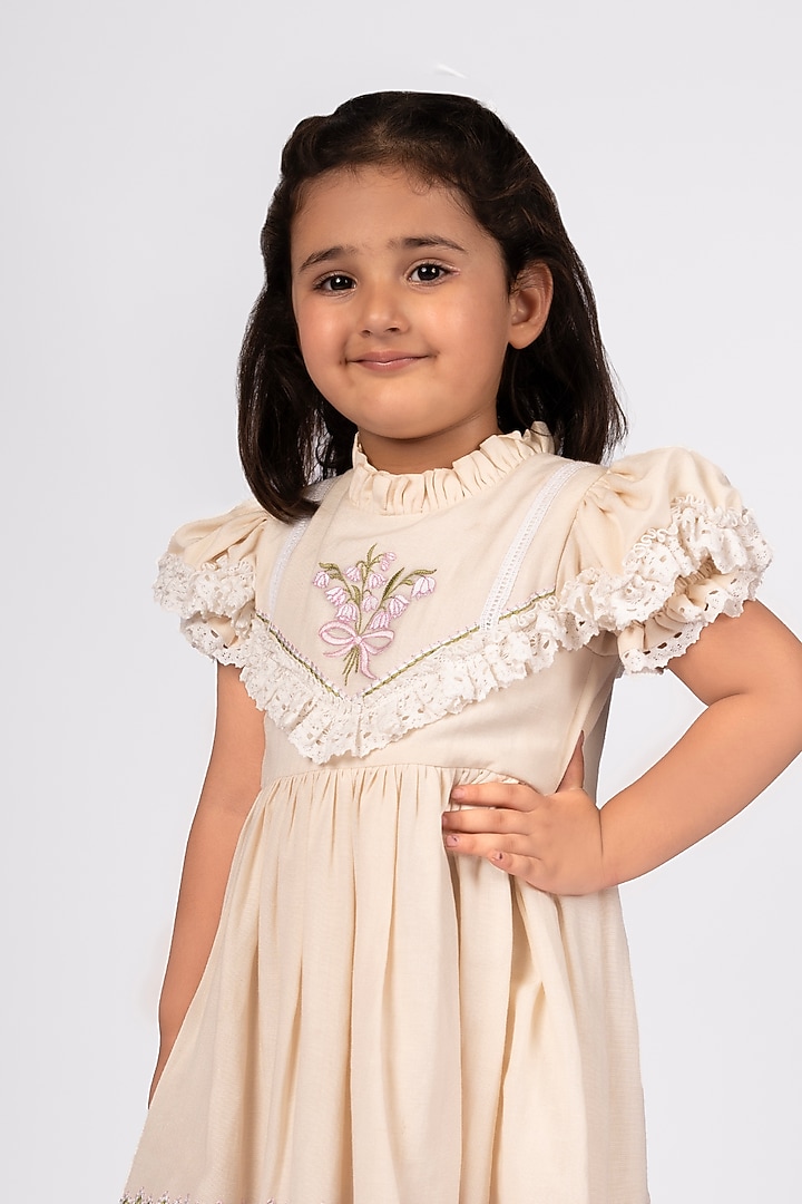 Beige Cotton Linen Embroidered Dress For Girls by Pooja Wang at Pernia's Pop Up Shop