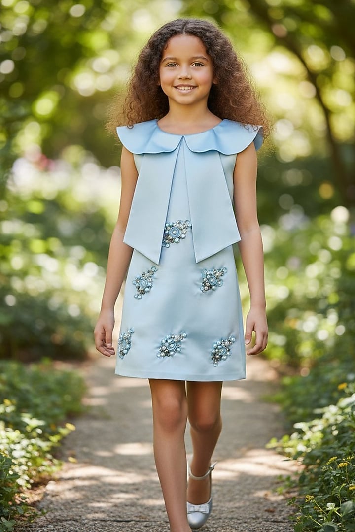 Powder Blue Dutch Satin Pearl Embellished Dress For Girls by Pooja Wang at Pernia's Pop Up Shop
