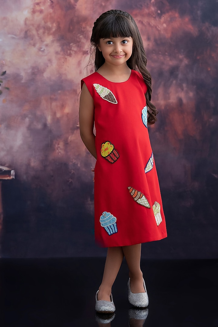 Red Moss Patch Embroidered Dress For Girls by Pooja Wang at Pernia's Pop Up Shop