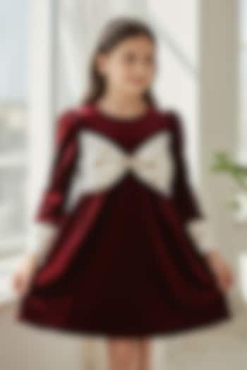 Deep Wine Velvet Embellished A-Line Dress For Girls by Pooja Wang at Pernia's Pop Up Shop