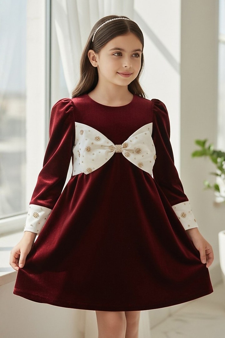 Deep Wine Velvet Embellished A-Line Dress For Girls by Pooja Wang at Pernia's Pop Up Shop