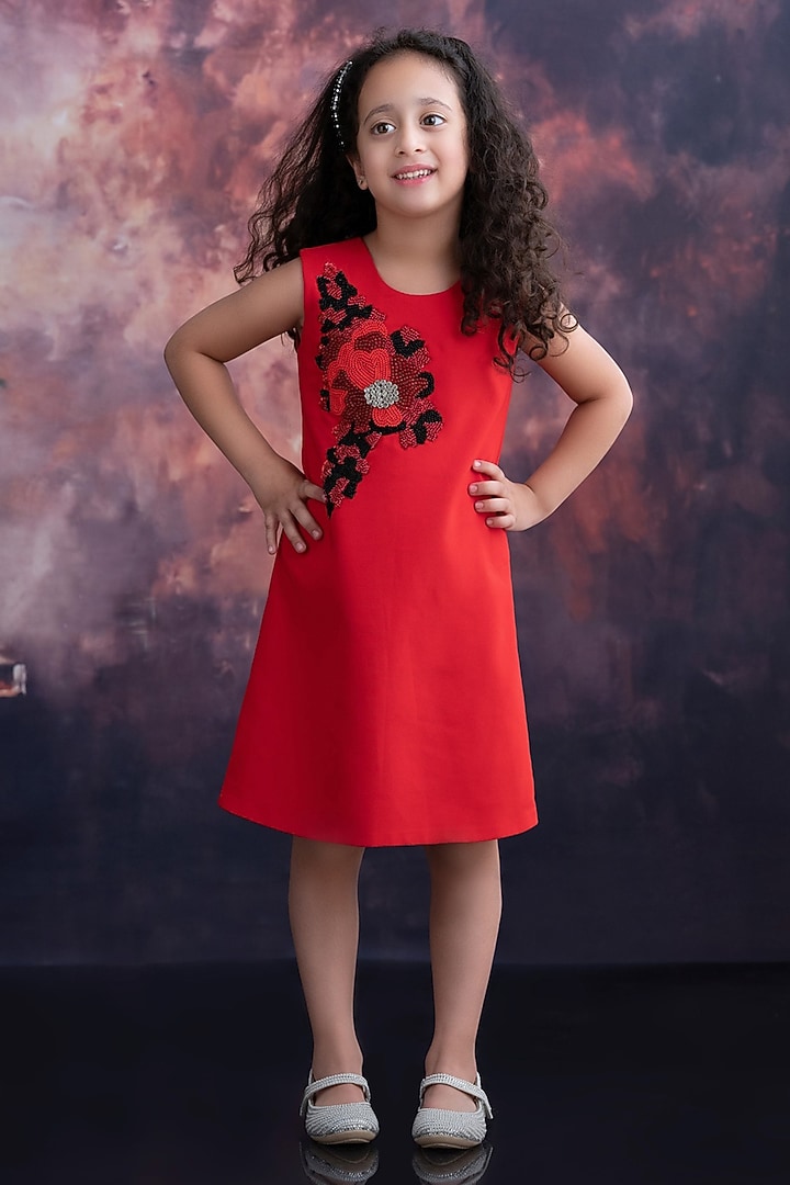 Red Moss Sequins Work Straight Dress For Girls by Pooja Wang at Pernia's Pop Up Shop