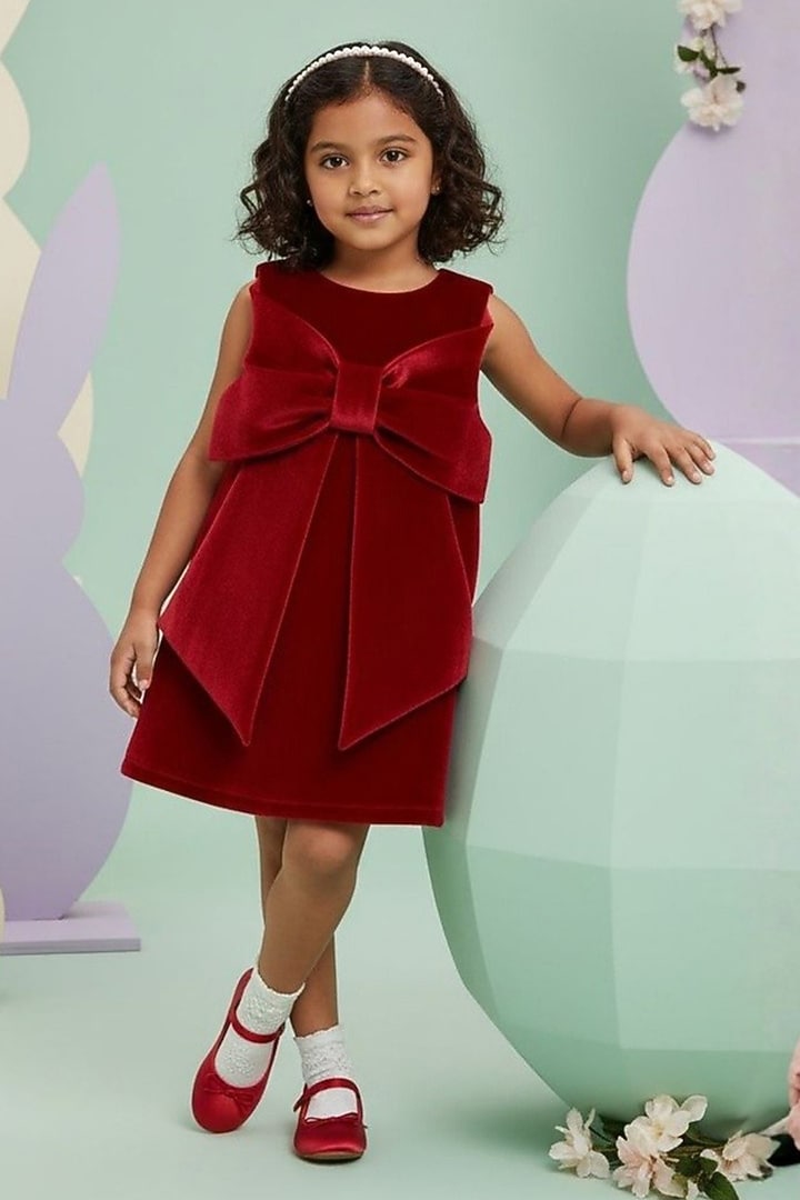 Red Velvet Flared Dress For Girls by Pooja Wang at Pernia's Pop Up Shop