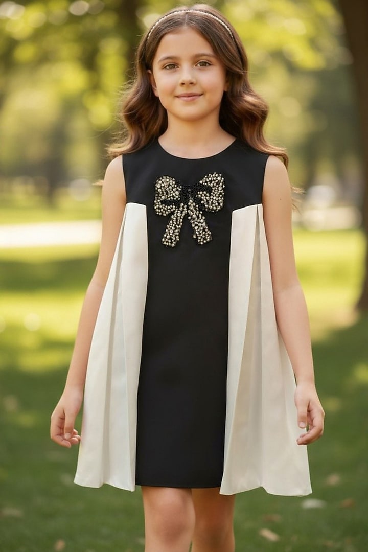 Black & White Dutch Satin Pearl Embellished Dress For Girls by Pooja Wang at Pernia's Pop Up Shop