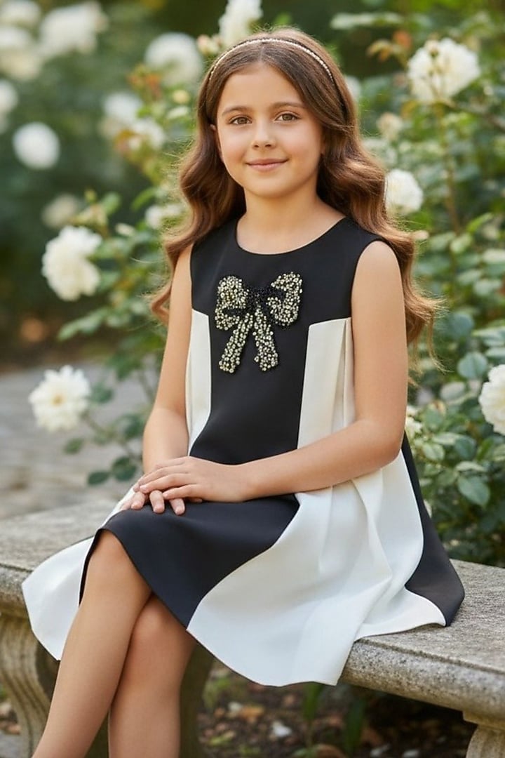Black & White Dutch Satin Pearl Embellished Dress For Girls by Pooja Wang at Pernia's Pop Up Shop