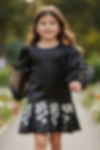 Black Dutch Satin & Sheer Organza Floral Embellished Dress For Girls by Pooja Wang at Pernia's Pop Up Shop