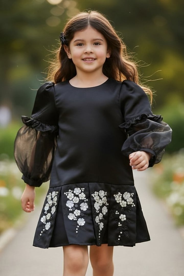 Black Dutch Satin & Sheer Organza Floral Embellished Dress For Girls by Pooja Wang at Pernia's Pop Up Shop