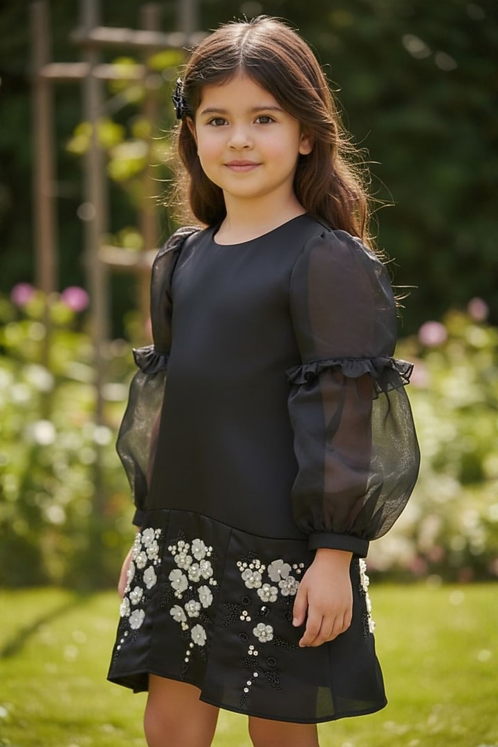 Black Dutch Satin & Sheer Organza Floral Embellished Dress For Girls by Pooja Wang at Pernia's Pop Up Shop