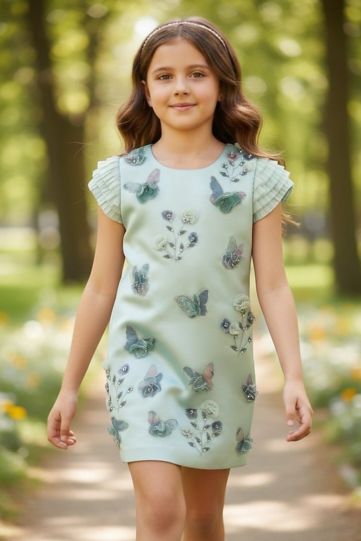 Mint Green Dutch Satin Floral Applique Work Dress For Girls by Pooja Wang at Pernia's Pop Up Shop