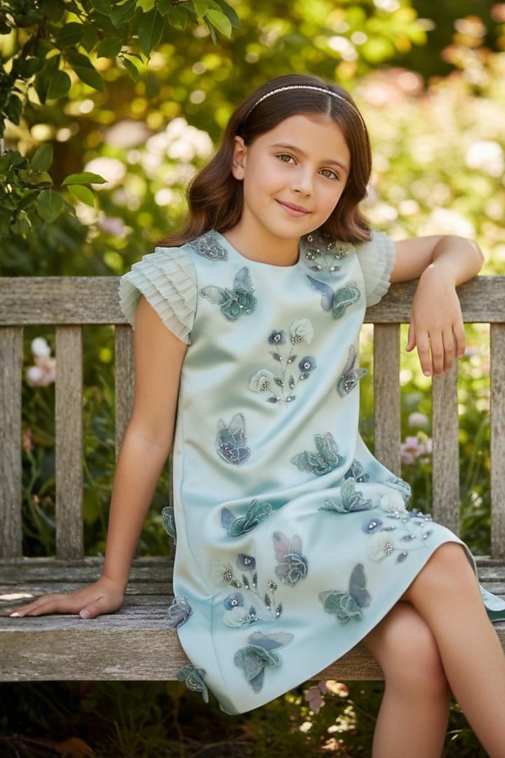 Mint Green Dutch Satin Floral Applique Work Dress For Girls by Pooja Wang at Pernia's Pop Up Shop