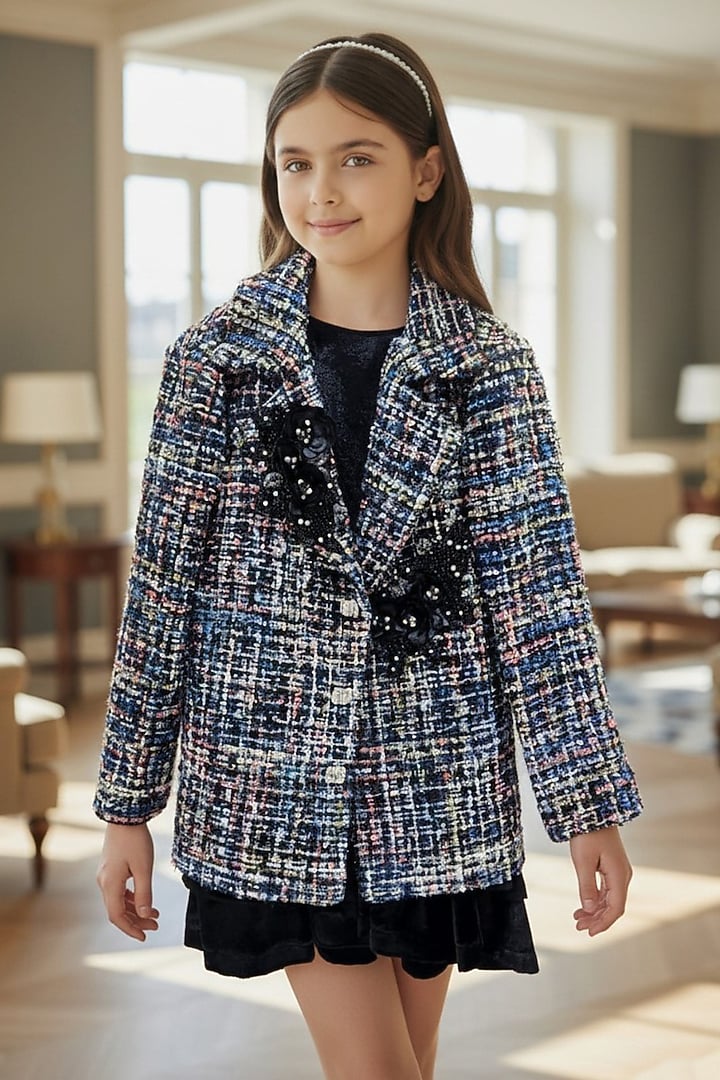 Black Velvet & Tweed Floral Jacket Dress For Girls by Pooja Wang at Pernia's Pop Up Shop