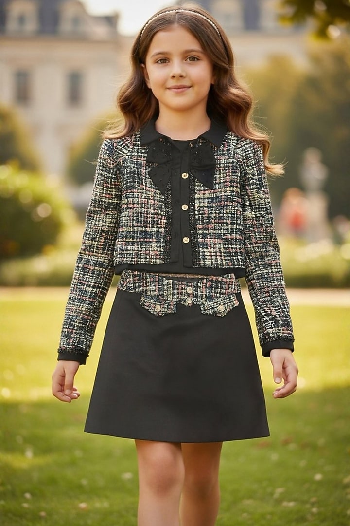 Black Tweed Jacket Set For Girls by Pooja Wang at Pernia's Pop Up Shop