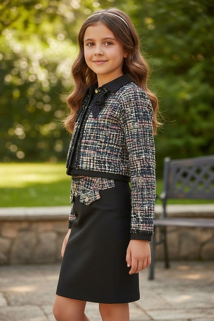 Black Tweed Jacket Set For Girls by Pooja Wang at Pernia's Pop Up Shop