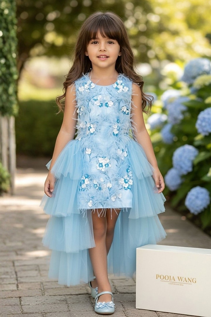 Ice Blue Satin Floral Embroidered Dress For Girls by Pooja Wang at Pernia's Pop Up Shop