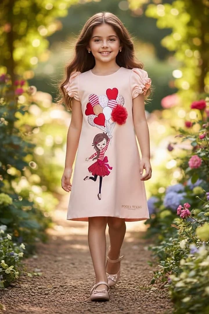 Peach Moss Applique Hand Embroidered Dress For Girls by Pooja Wang at Pernia's Pop Up Shop