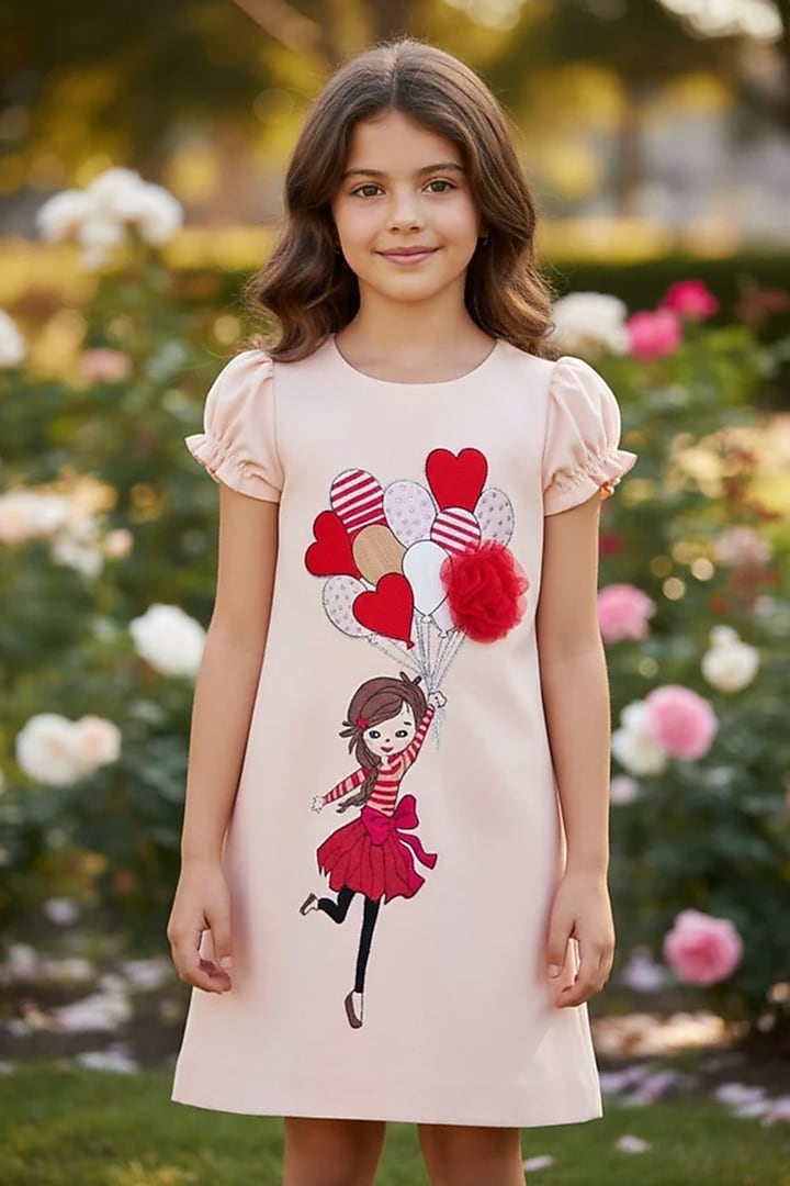 Peach Moss Applique Hand Embroidered Dress For Girls by Pooja Wang at Pernia's Pop Up Shop