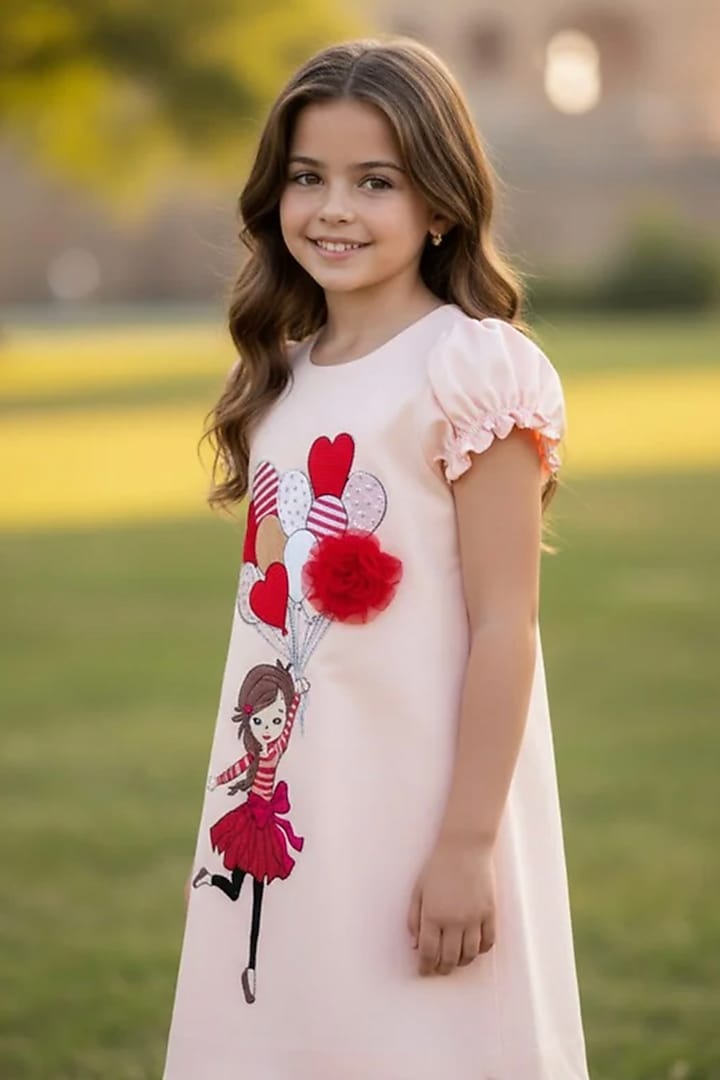 Peach Moss Applique Hand Embroidered Dress For Girls by Pooja Wang at Pernia's Pop Up Shop